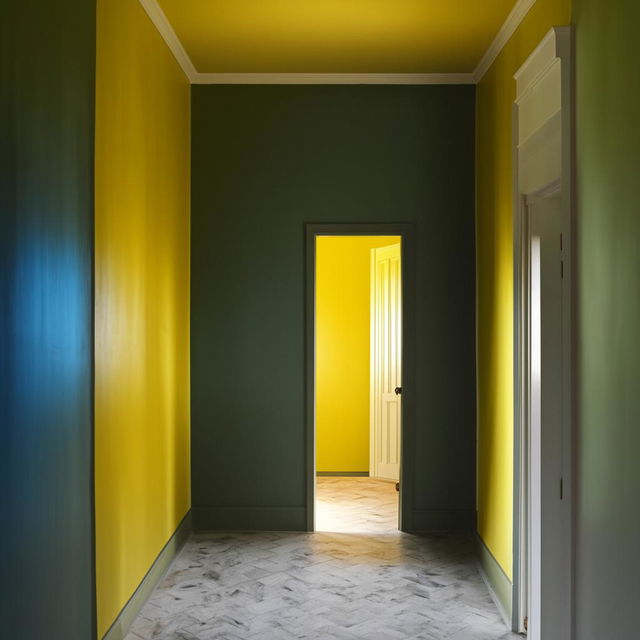 A 12x12 room featuring one door and a single window. One wall is painted pure dark yellow, with the remaining walls in green. The ceiling is white and the floor is a striking blue.