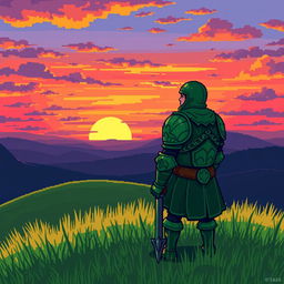 A pixel art scene featuring a tired green knight standing on a hill, gazing at a beautiful sunset