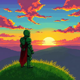 A pixel art scene featuring a tired green knight standing on a hill, gazing at a beautiful sunset