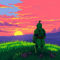 A pixel art scene featuring a tired green knight standing on a hill, gazing at a beautiful sunset