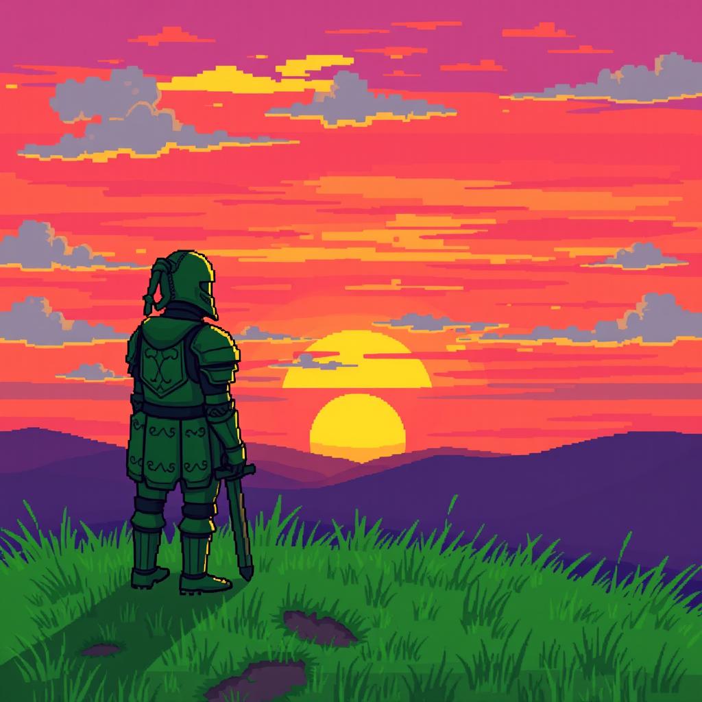 A pixel art scene featuring a tired green knight standing on a hill, gazing at a beautiful sunset