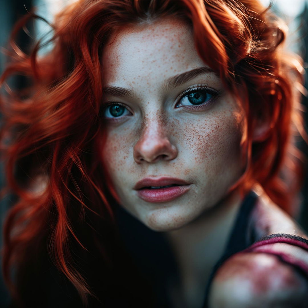 Portrait of a 20-year-old redhead woman with freckles, captured with a Sony Alpha 7R IV and Sony FE 90mm f/2