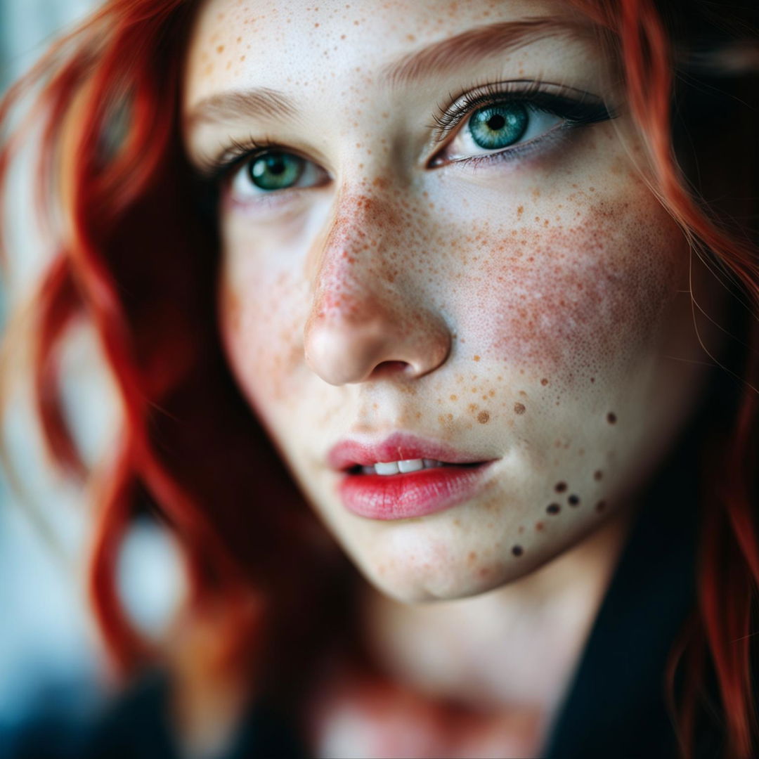 Portrait of a 20-year-old redhead woman with freckles, captured with a Panasonic Lumix S1R and Lumix S PRO 50mm f/1