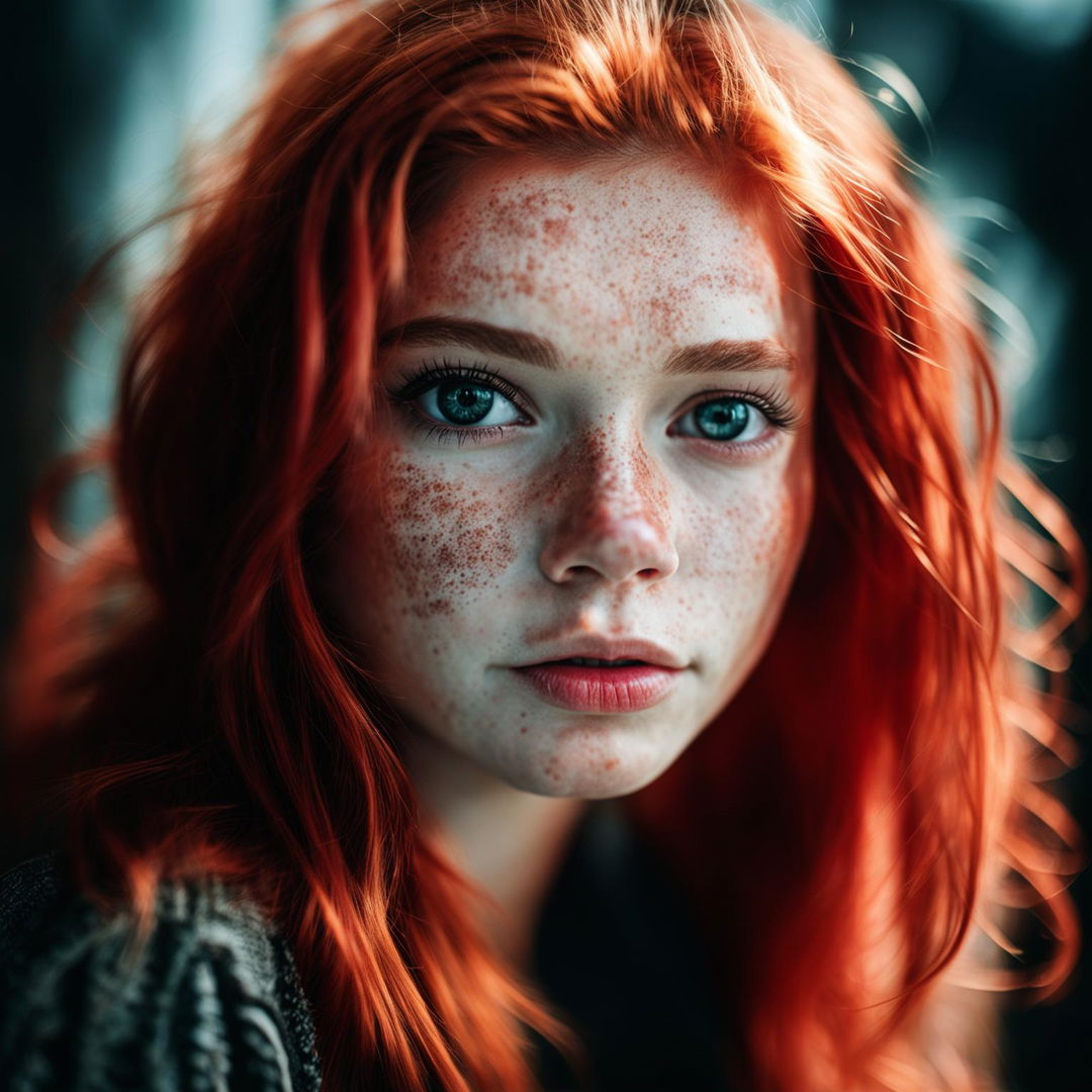 Portrait of a 20-year-old redhead woman with freckles, captured with a Panasonic Lumix S1R and Lumix S PRO 50mm f/1.4 lens.