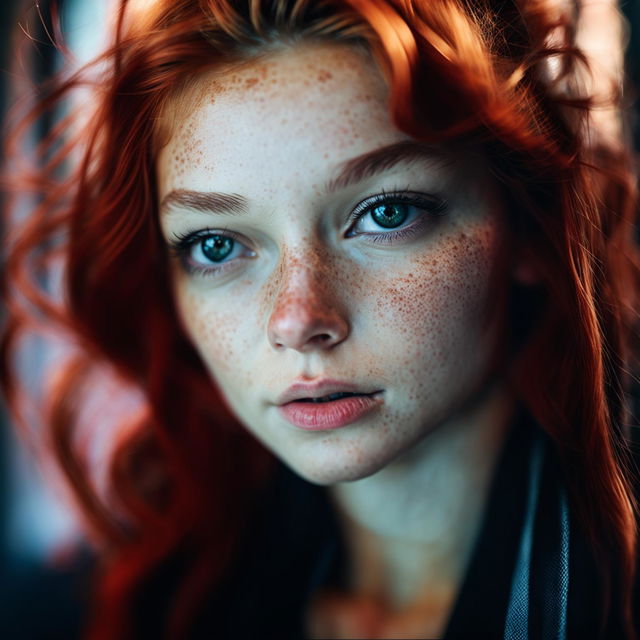 Portrait of a 20-year-old redhead woman with freckles, captured with a Panasonic Lumix S1R and Lumix S PRO 50mm f/1.4 lens.