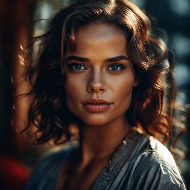 Medium-close-up photograph of a beautiful woman taken with Canon EOS R5 with RF 85mm f/1