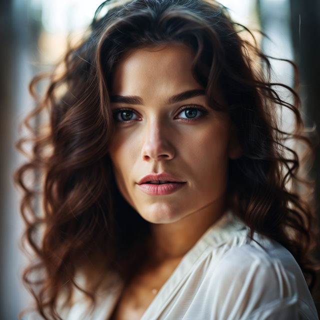 Medium-close-up photograph of a beautiful woman with hazel eyes and chestnut hair, taken with a Canon EOS R5 and RF 85mm f/1