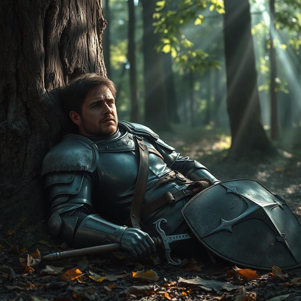A tired fallen knight resting on the ground, leaning against a weathered tree