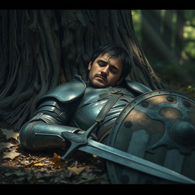 A tired fallen knight resting on the ground, leaning against a weathered tree