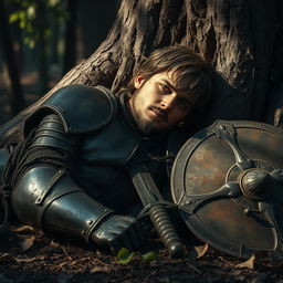 A tired fallen knight resting on the ground, leaning against a weathered tree