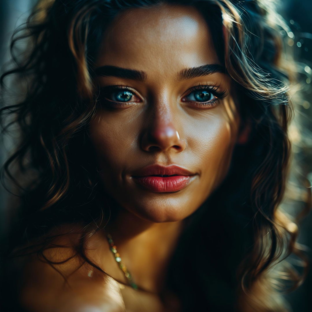 Medium-close-up photograph of a beautiful woman taken with a Canon EOS R5, featuring vibrant colors, soft lighting, and a blurred background