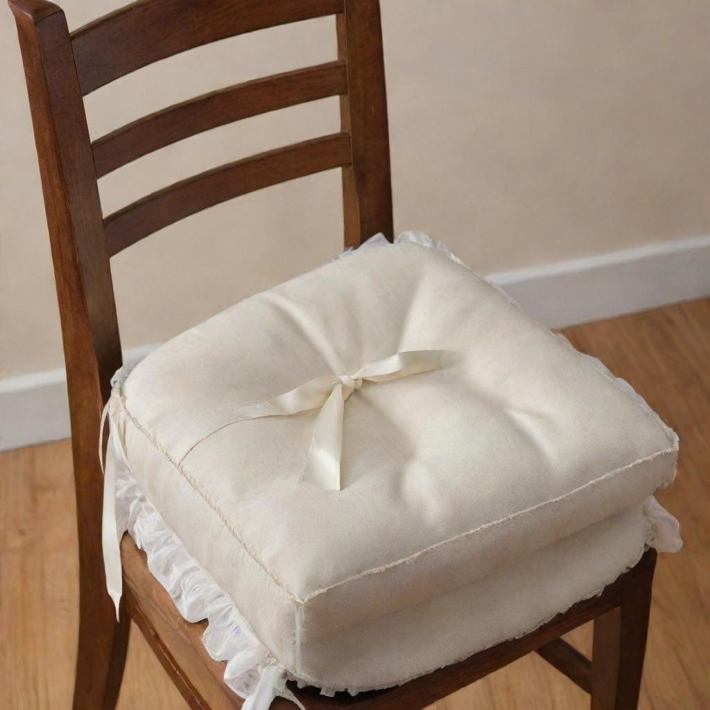 A comfortable dining chair cushion with decorative ribbons