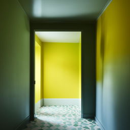 A 12x12 room featuring one door and a single window. One wall is painted pure dark yellow, with the remaining walls in green. The ceiling is white and the floor is a striking blue.