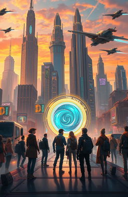 A breathtaking scene depicting a time travel adventure, showcasing a futuristic city filled with towering skyscrapers, intricate neon lights, and flying vehicles