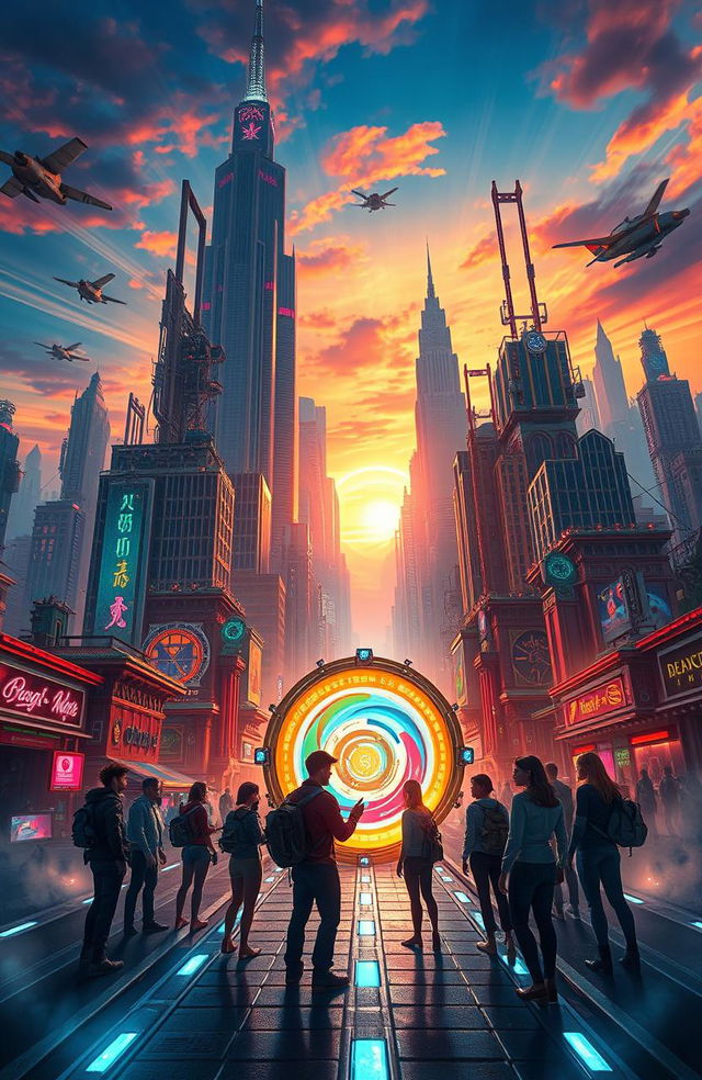 A breathtaking scene depicting a time travel adventure, showcasing a futuristic city filled with towering skyscrapers, intricate neon lights, and flying vehicles