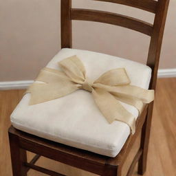 A comfortable dining chair cushion with decorative ribbons