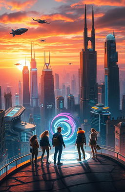 A breathtaking scene depicting a time travel adventure, showcasing a futuristic city filled with towering skyscrapers, intricate neon lights, and flying vehicles
