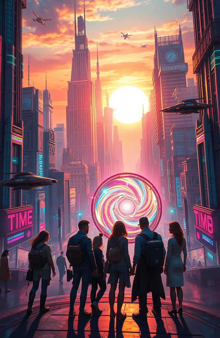 A breathtaking scene depicting a time travel adventure, showcasing a futuristic city filled with towering skyscrapers, intricate neon lights, and flying vehicles