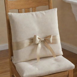 A comfortable dining chair cushion with decorative ribbons