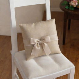 A comfortable dining chair cushion with decorative ribbons