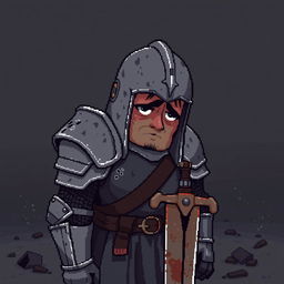 A pixel art illustration featuring a tired, defeated knight