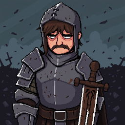 A pixel art illustration featuring a tired, defeated knight