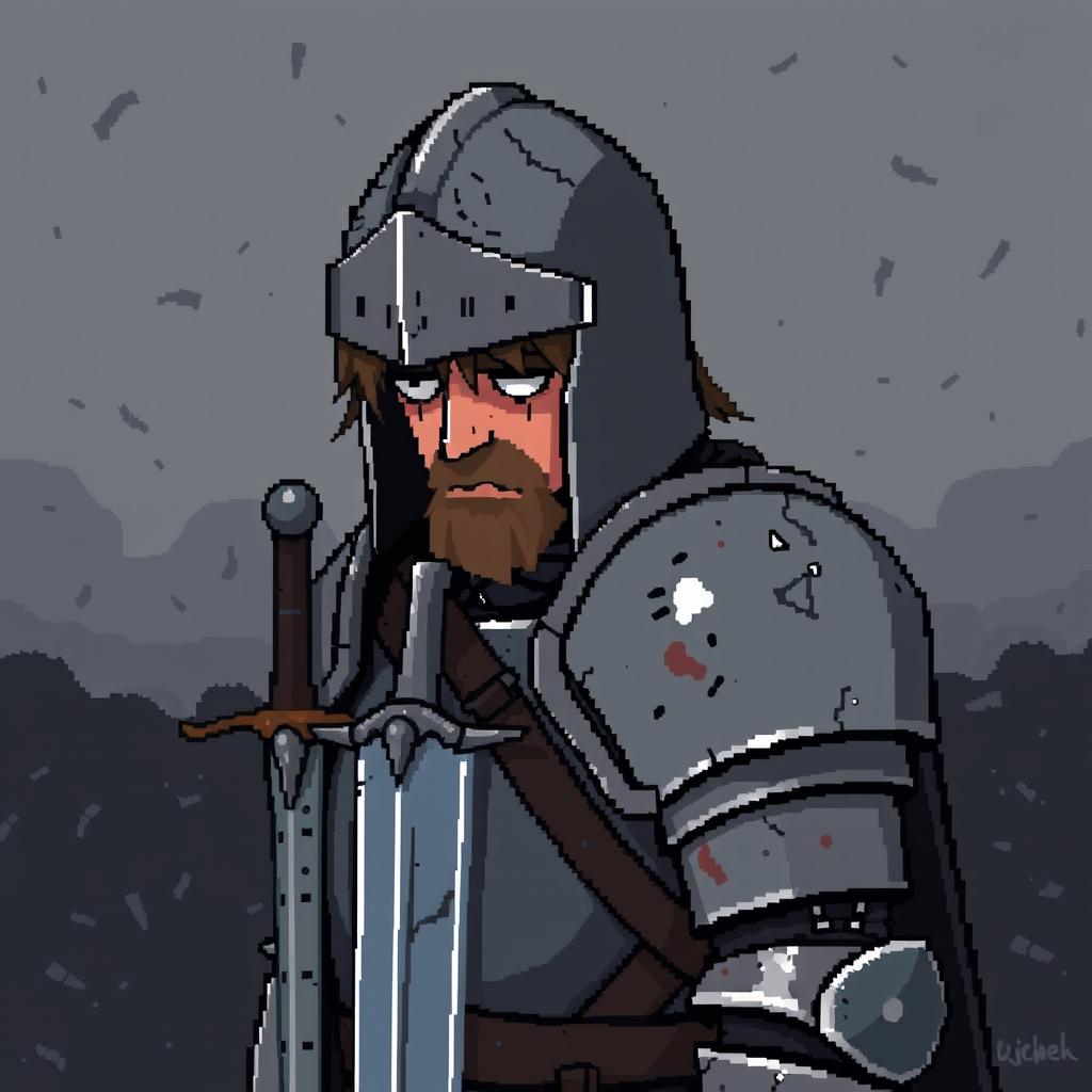 A pixel art illustration featuring a tired, defeated knight