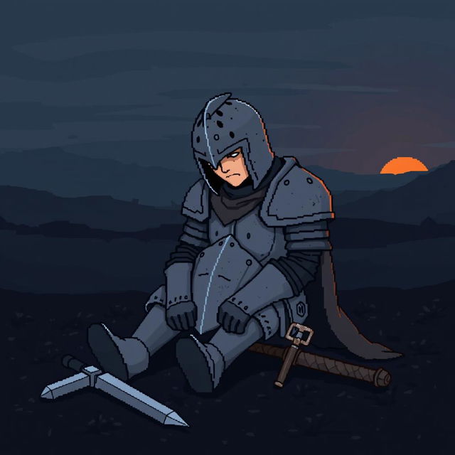 A simple pixel art scene depicting a tired, defeated knight