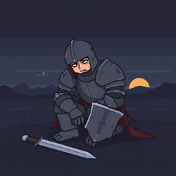 A simple pixel art scene depicting a tired, defeated knight