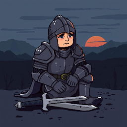 A simple pixel art scene depicting a tired, defeated knight