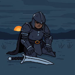 A simple pixel art scene depicting a tired, defeated knight