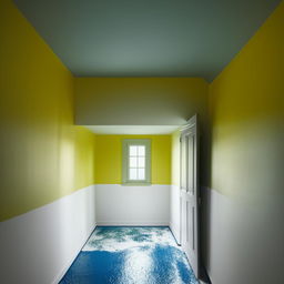 A 12x12 room featuring one door and a single window. One wall is painted pure dark yellow, with the remaining walls in green. The ceiling is white and the floor is a striking blue.