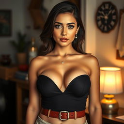 A beautiful 25-year-old woman from Bangladesh, confidently showcasing her large breasts in a provocative outfit that emphasizes her neckline, with a captivating expression and striking light-colored eyes