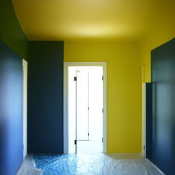 A 12x12 room featuring one door and a single window. One wall is painted pure dark yellow, with the remaining walls in green. The ceiling is white and the floor is a striking blue.