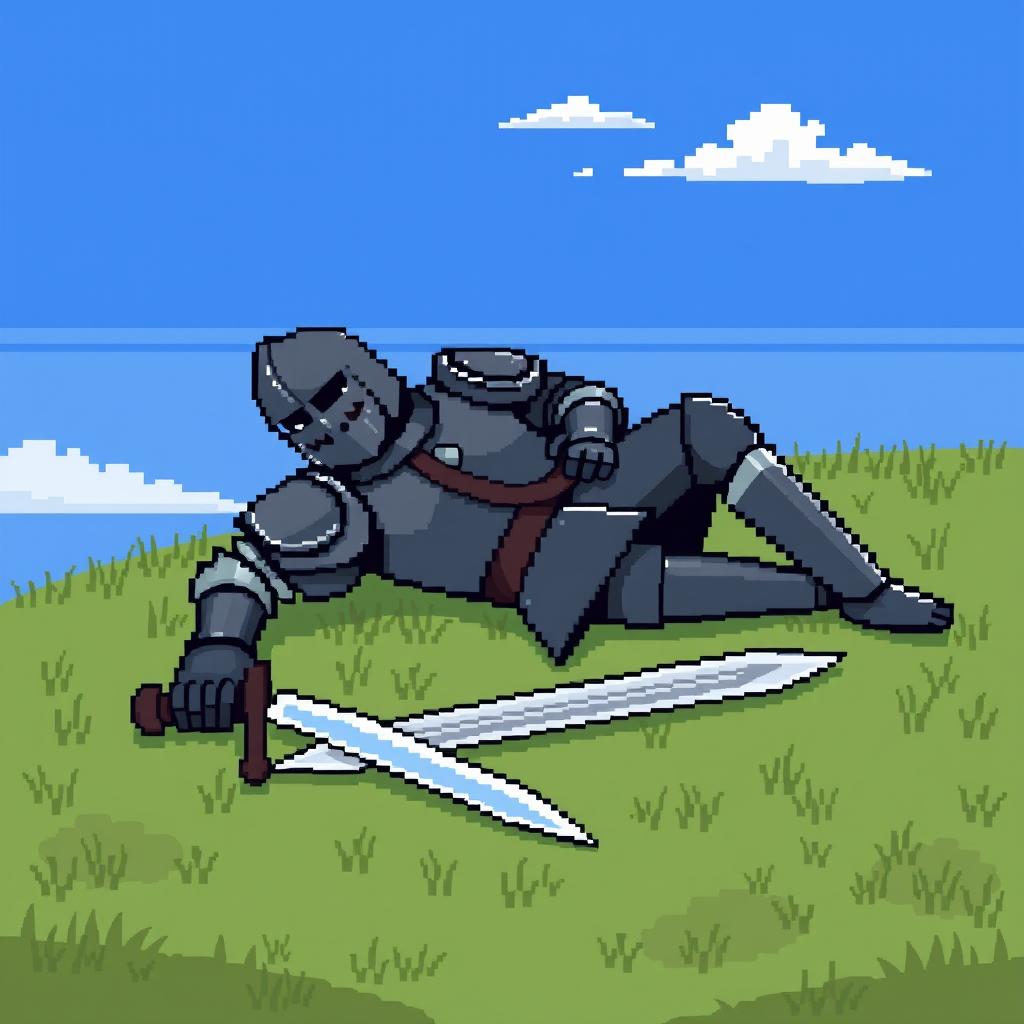 A simple pixel art depiction of a defeated knight, lying on the ground