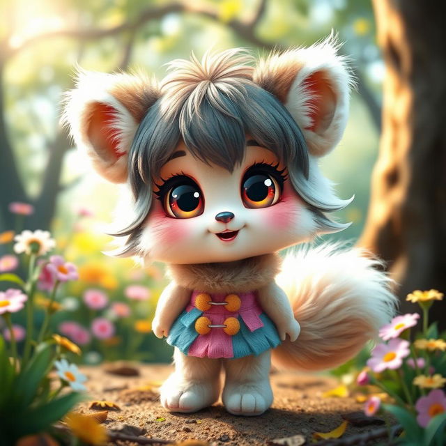 A cute furry girl with large, expressive eyes and fluffy animal ears, wearing an adorable, colorful outfit