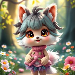A cute furry girl with large, expressive eyes and fluffy animal ears, wearing an adorable, colorful outfit