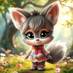 A cute furry girl with large, expressive eyes and fluffy animal ears, wearing an adorable, colorful outfit
