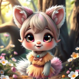 A cute furry girl with large, expressive eyes and fluffy animal ears, wearing an adorable, colorful outfit