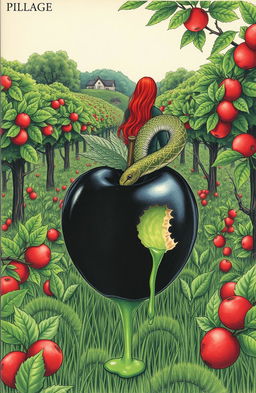 A captivating book cover illustrating a field of lush apple trees, with a striking black apple in the foreground, appearing poisoned
