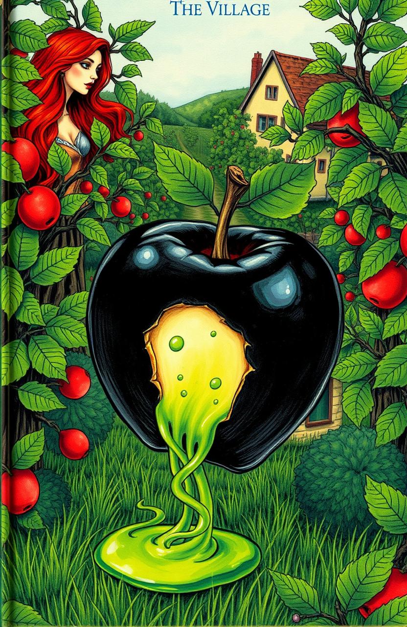 A captivating book cover illustrating a field of lush apple trees, with a striking black apple in the foreground, appearing poisoned