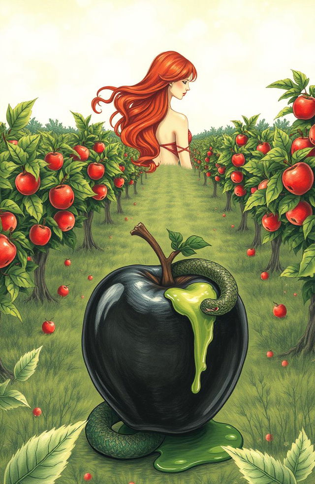 A captivating book cover illustrating a field of lush apple trees, with a striking black apple in the foreground, appearing poisoned