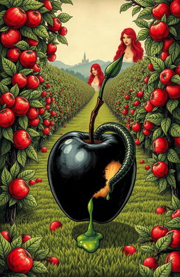 A captivating book cover illustrating a field of lush apple trees, with a striking black apple in the foreground, appearing poisoned