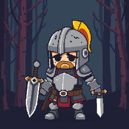 A simple pixel art depiction of a defeated warrior in armor, featuring a detailed but small blocky design