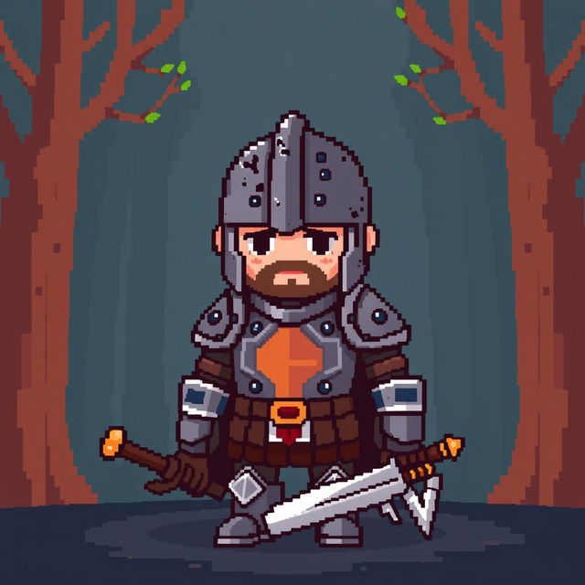 A simple pixel art depiction of a defeated warrior in armor, featuring a detailed but small blocky design