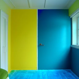 A 12x12 room with a door and one window. One wall is painted in pure dark yellow, the others in light green. The ceiling is white and the floor is a vibrant blue.