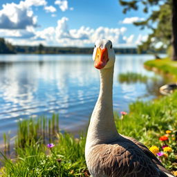 A graceful goose standing by a tranquil lakeside, its glossy feathers shimmering in the sunlight