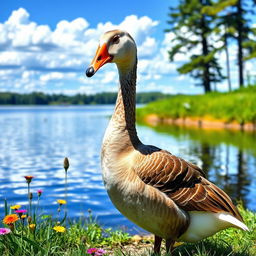 A graceful goose standing by a tranquil lakeside, its glossy feathers shimmering in the sunlight