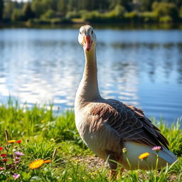 A graceful goose standing by a tranquil lakeside, its glossy feathers shimmering in the sunlight