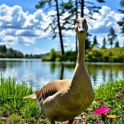 A graceful goose standing by a tranquil lakeside, its glossy feathers shimmering in the sunlight
